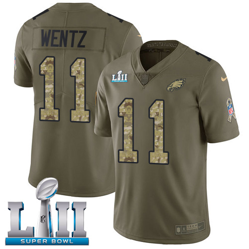 Nike Eagles #11 Carson Wentz Olive/Camo Super Bowl LII Men's Stitched NFL Limited Salute To Service Jersey - Click Image to Close